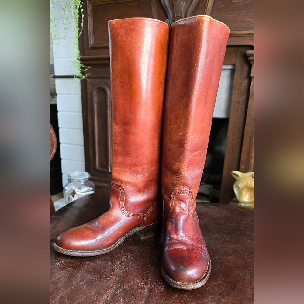 Vintage 90s Frye Boots Women's Tall Riding Red Amber Leather Made in the US sz 7